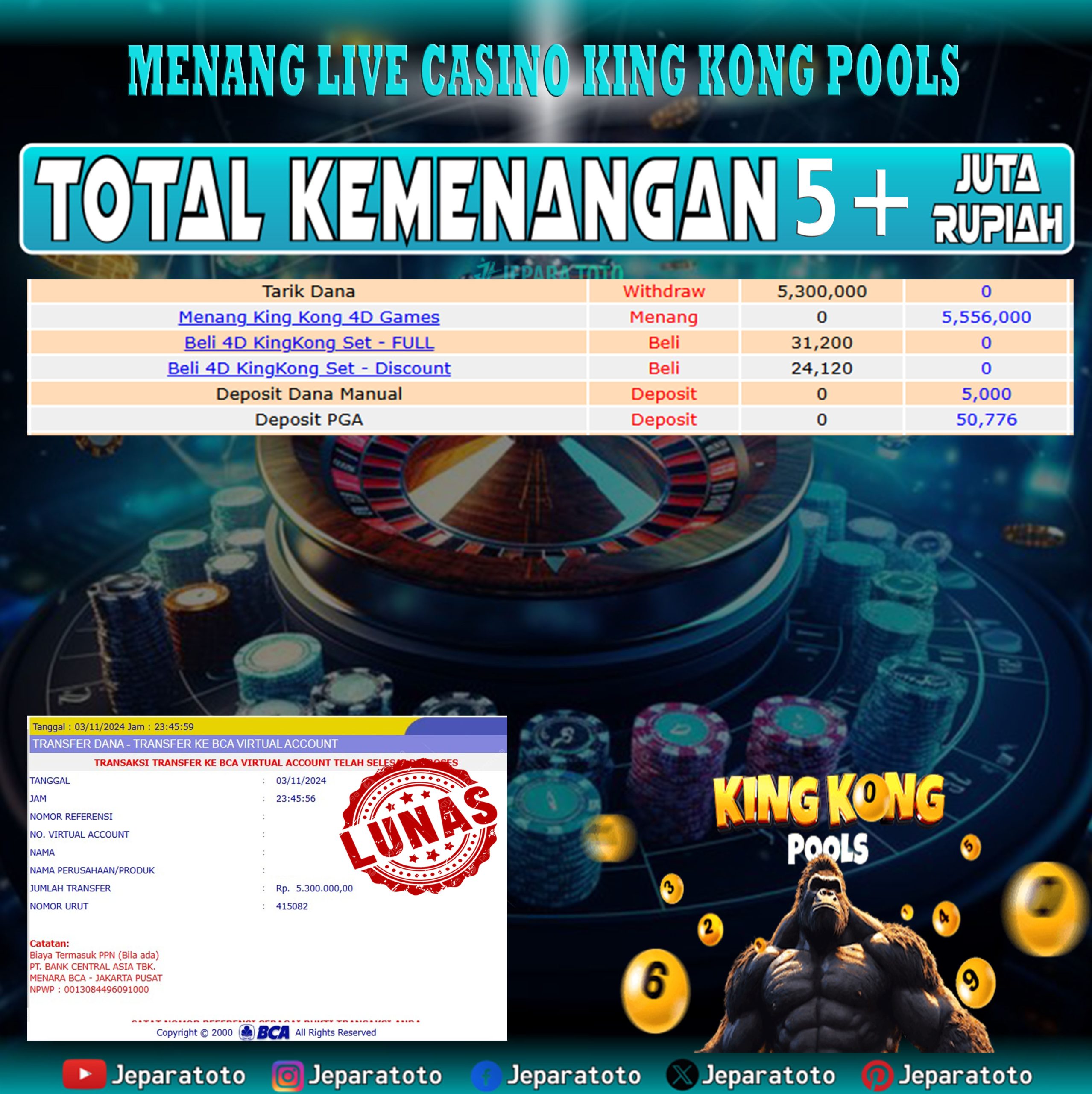 BUKTI KEMENANGAN CASINO LIVE GAME KING KONG POOLS MEMBER JEPARATOTO