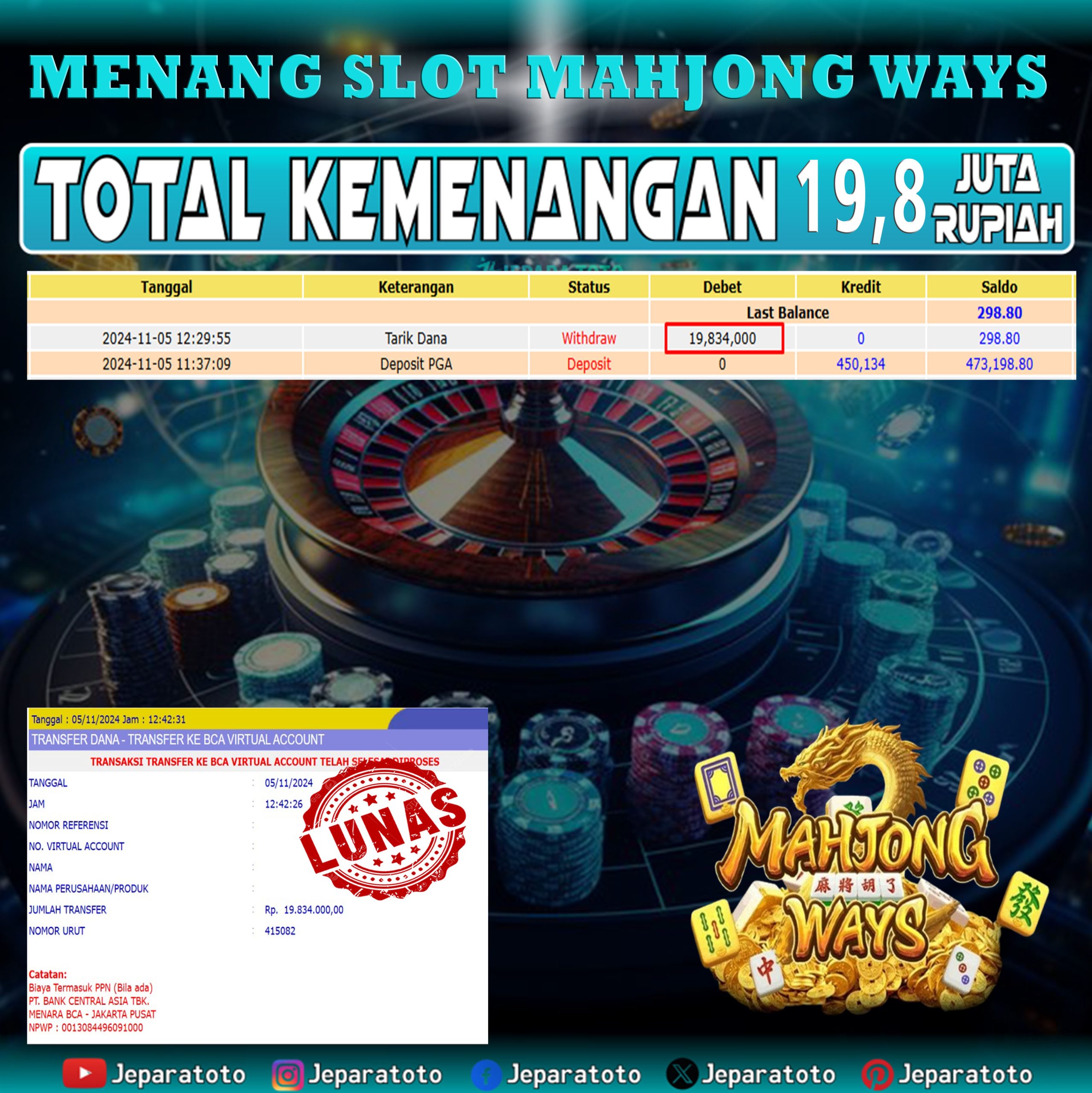 BUKTI KEMENANGAN SLOT MAHJONG WAYS MEMBER JEPARATOTO