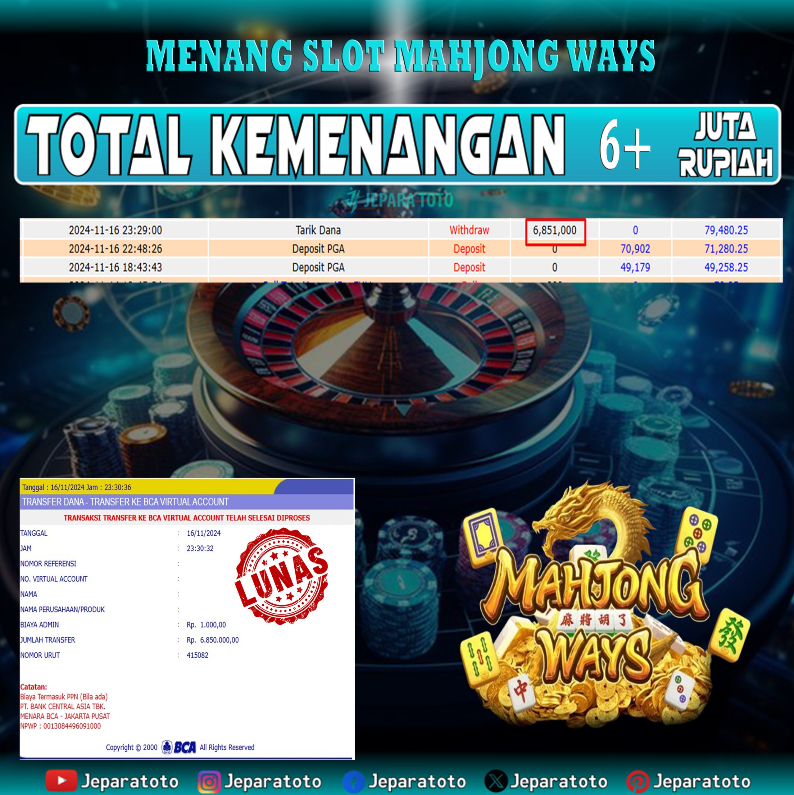 BUKTI KEMENANGAN SLOT MAHJONG WAYS MEMBER JEPARATOTO