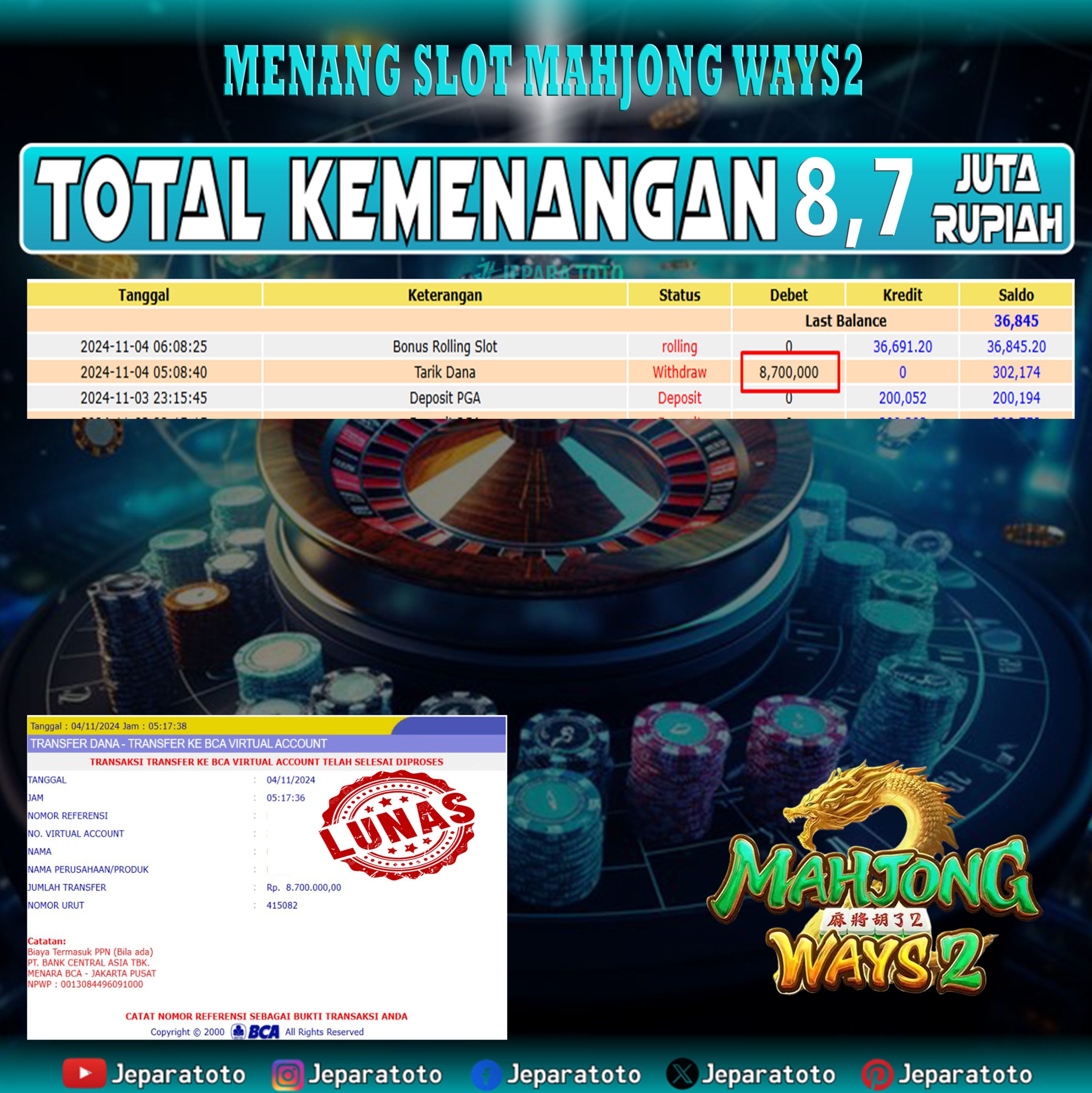 BUKTI KEMENANGAN SLOT MAHJONG WAYS2 MEMBER JEPARATOTO