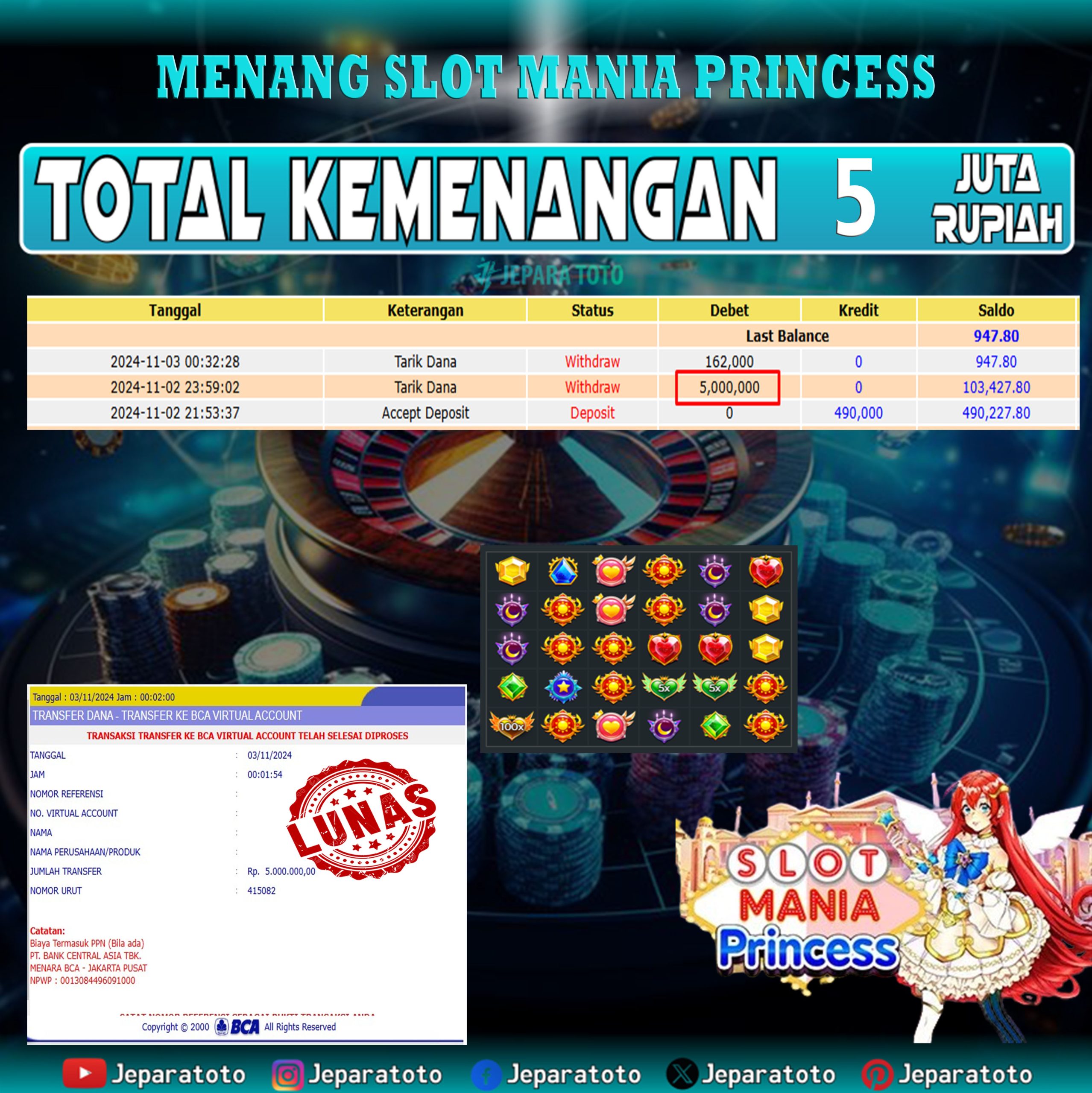 BUKTI KEMENANGAN SLOT MANIA PRINCESS MEMBER JEPARATOTO