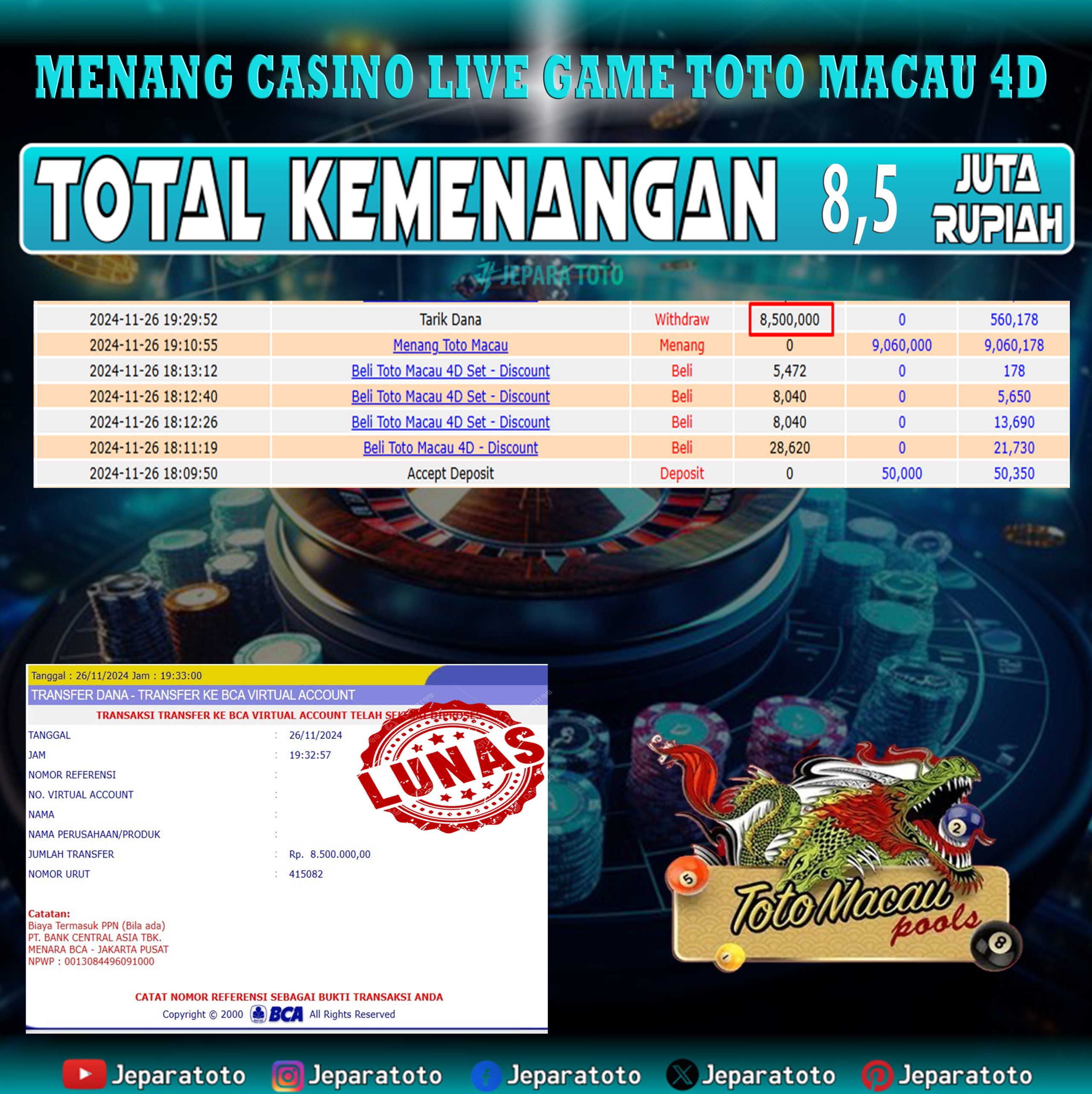 BUKTI KEMENANGAN CASINO LIVE GAME TOTO MACAU 4D MEMBER JEPARATOTO