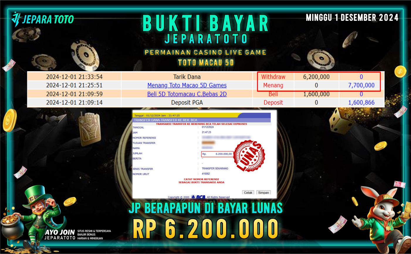 BUKTI KEMENANGAN CASINO LIVE GAME TOTO MACAU 5D MEMBER JEPARATOTO