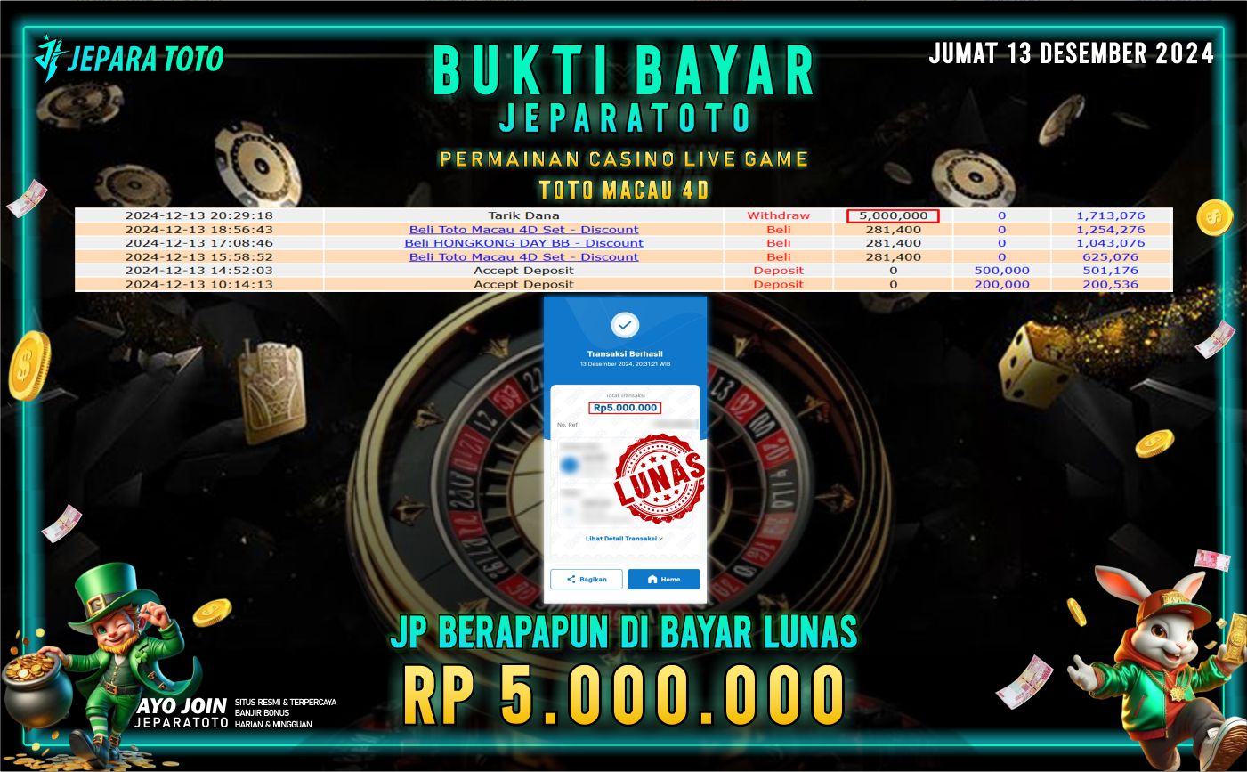 BUKTI KEMENANGAN CASINO LIVE GAME TOTO MACAU 4D MEMBER JEPARATOTO