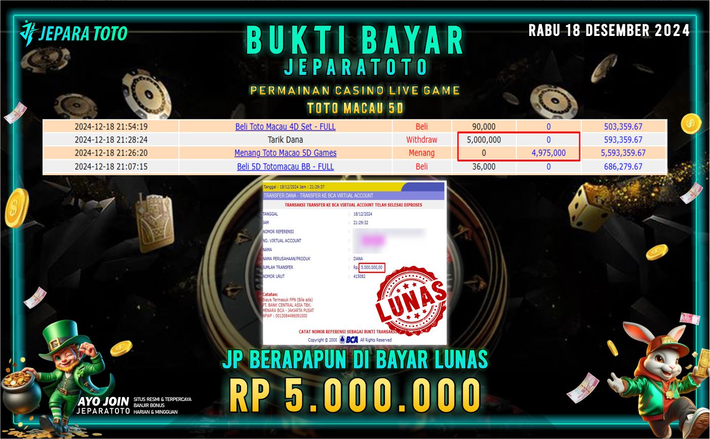 BUKTI KEMENANGAN CASINO LIVE GAME TOTO MACAU 5D MEMBER JEPARATOTO