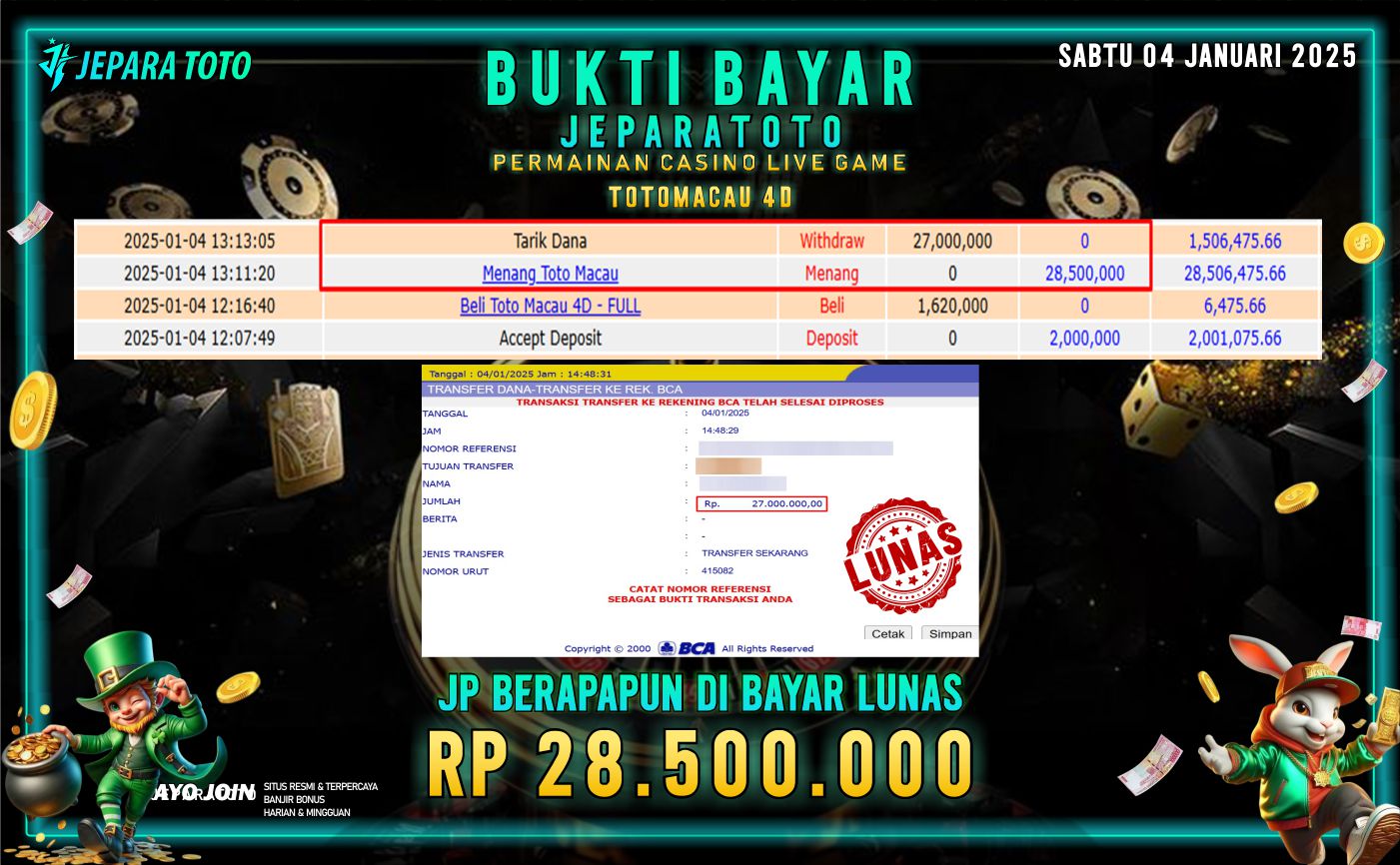 BUKTI KEMENANGAN CASINO LIVE GAME TOTO MACAU 4D MEMBER JEPARATOTO