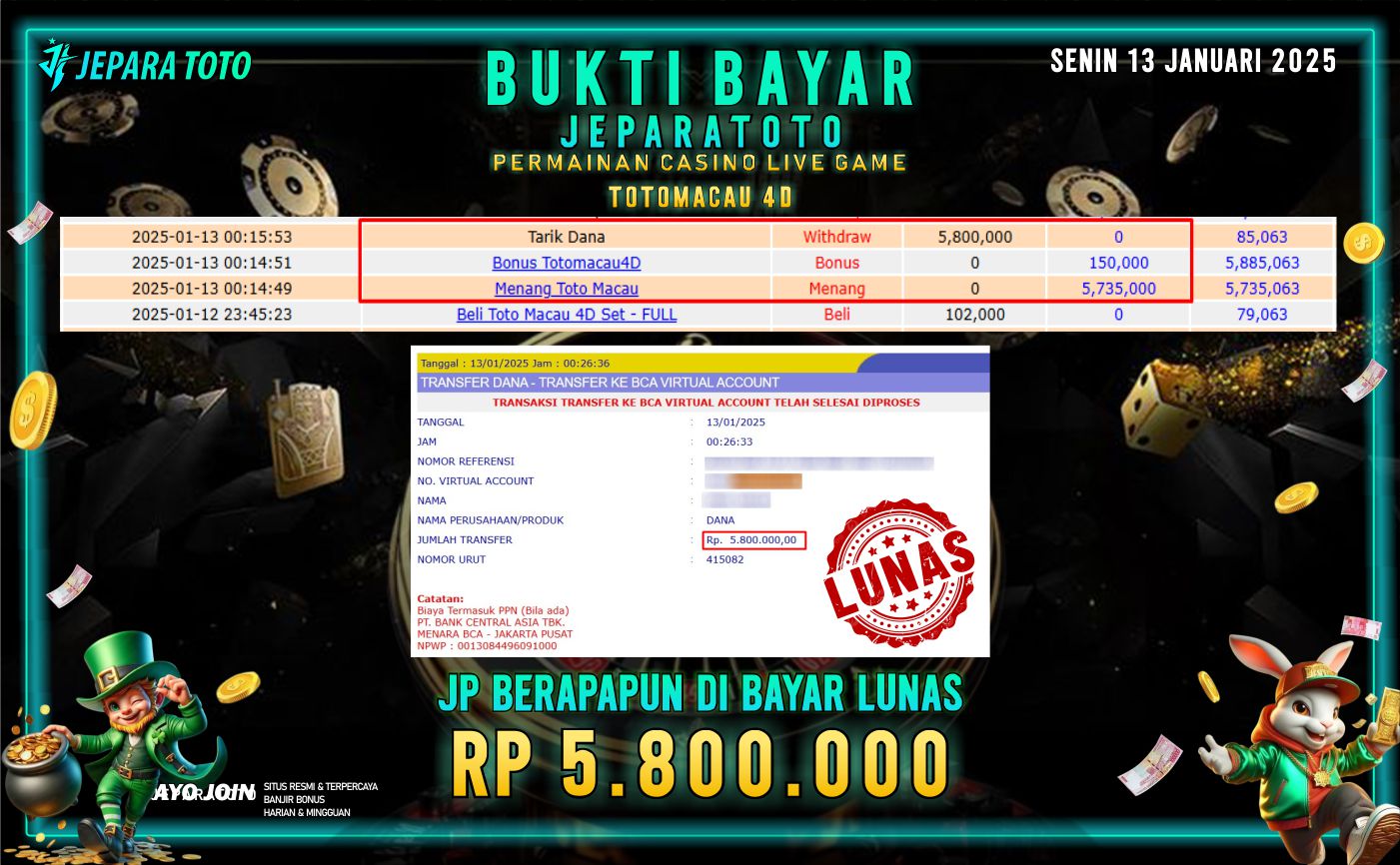 BUKTI KEMENANGAN CASINO LIVE GAME TOTOMACAU 4D MEMBER JEPARATOTO