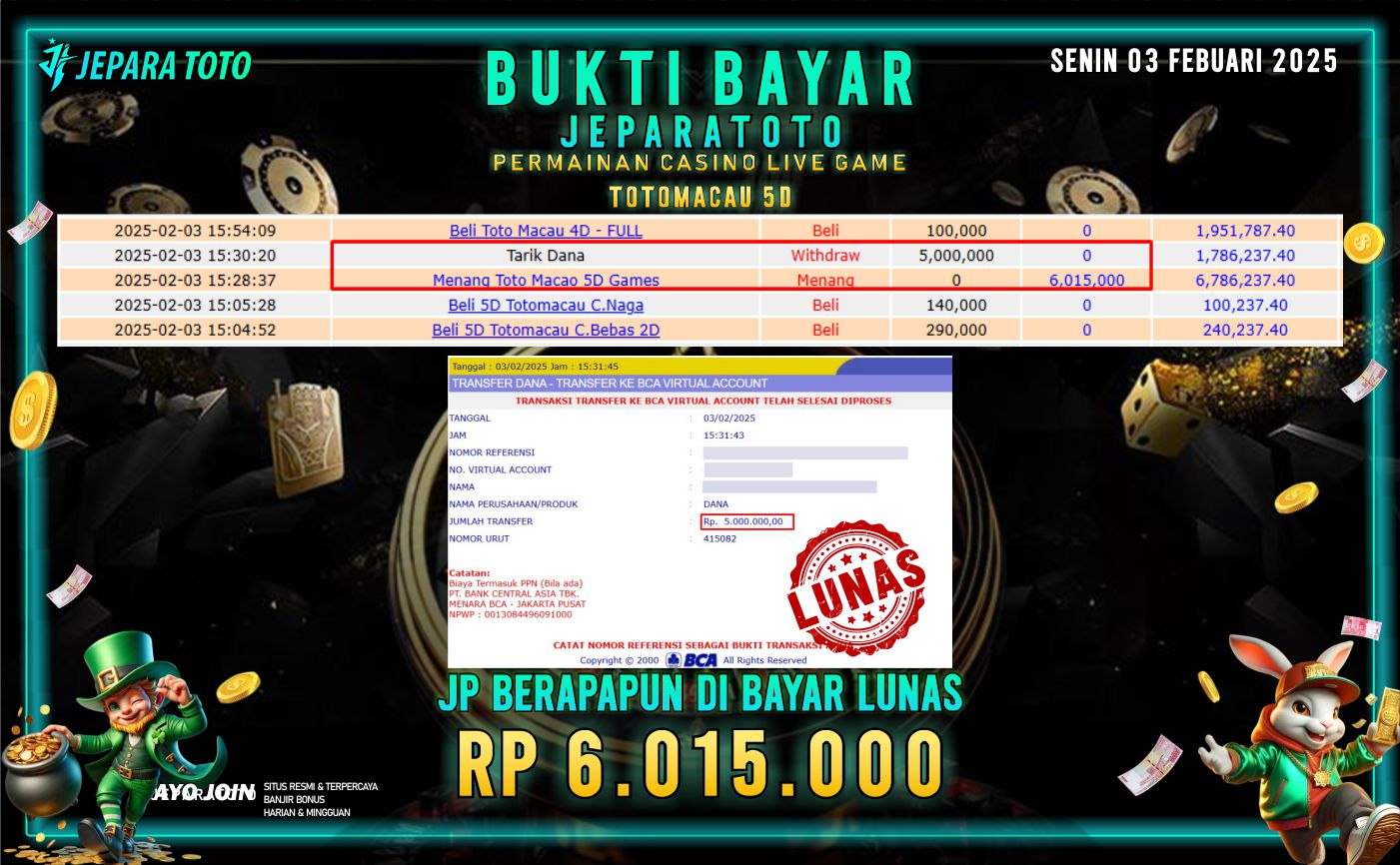 BUKTI KEMENANGAN CASINO LIVE GAME TOTOMACAU 5D MEMBER JEPARATOTO